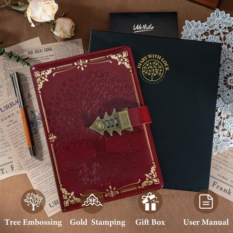WEMATE Lock Journal with Pen & Gift Box, A5 260 Pages, Refillable, Hardcover Leather Password Notebook for Writing, Vintage Lock Diary for Women, Girls, Men, Students, 8.6 x 5.8 in, Red - Image 4